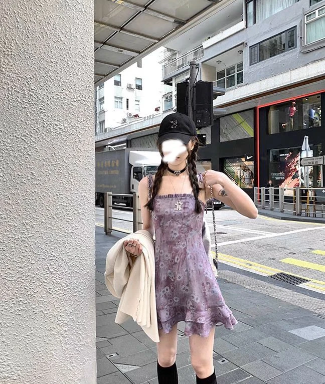 1115茄茄子 紫碎花吊带可调节收腰显瘦气质短裙子+外套两件套