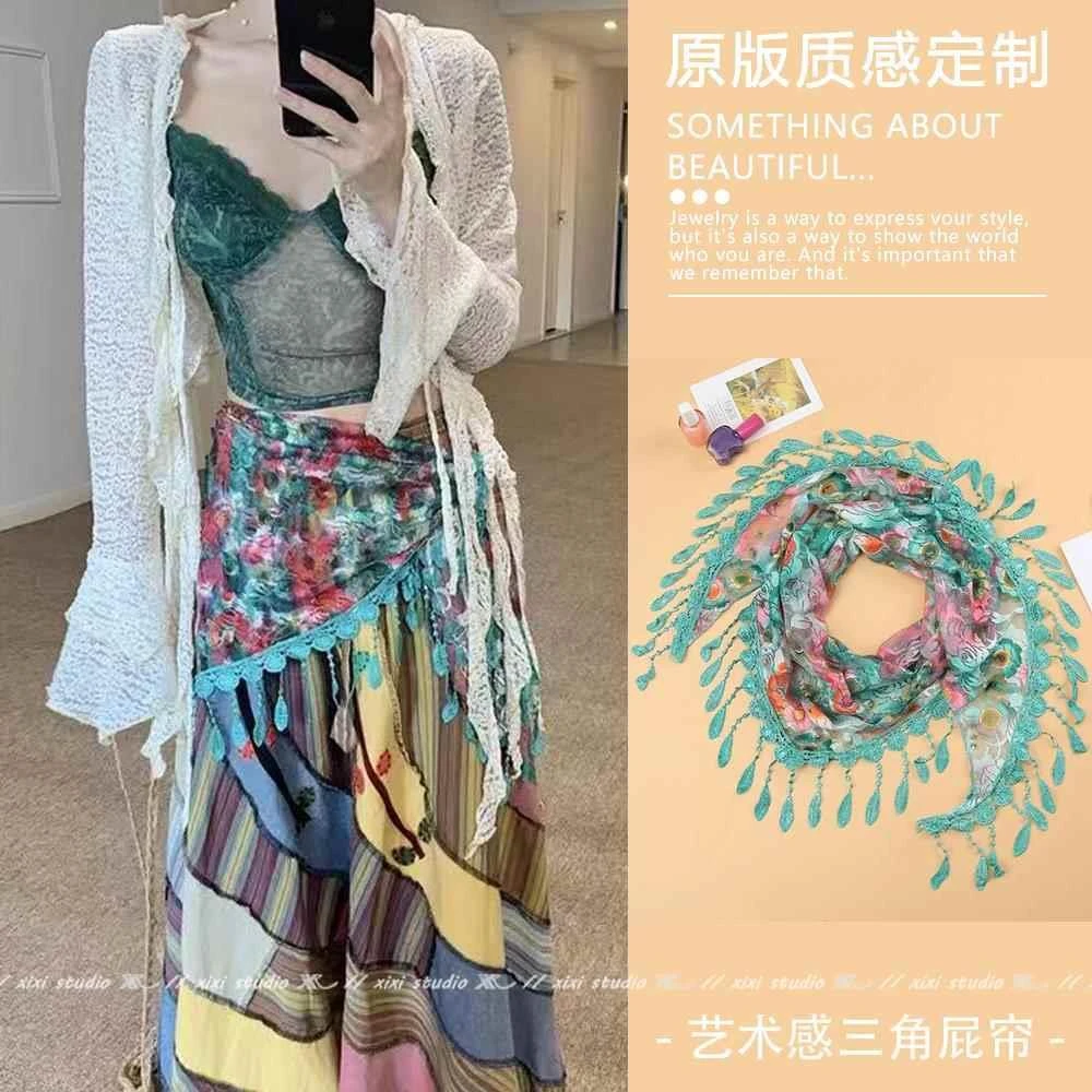 波西米亚风三角蕾丝腰巾流苏屁帘丝巾裙子腰带牛仔裤配饰叠穿腰封