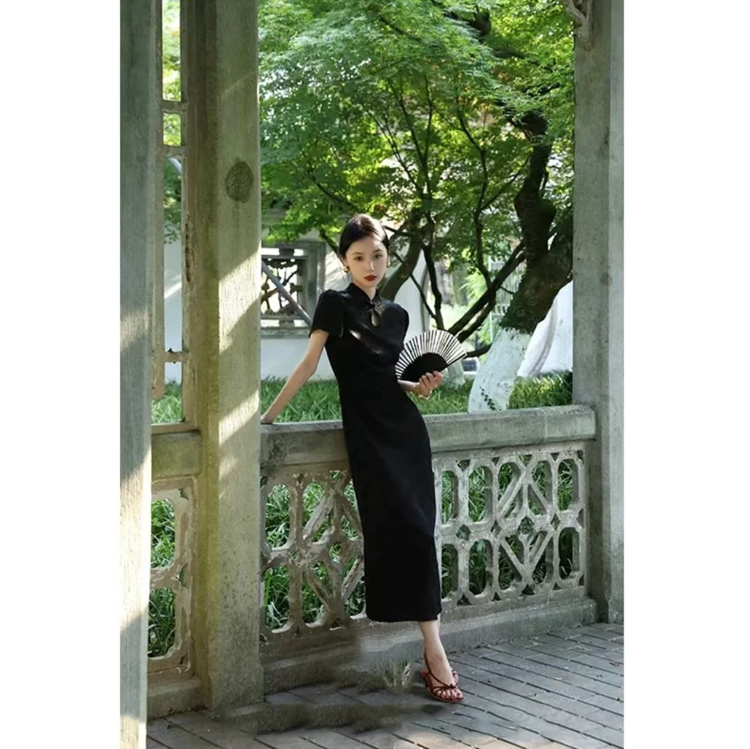 M063 新中式国风短袖旗袍连衣裙收腰捏褶打底长裙百搭气质显瘦