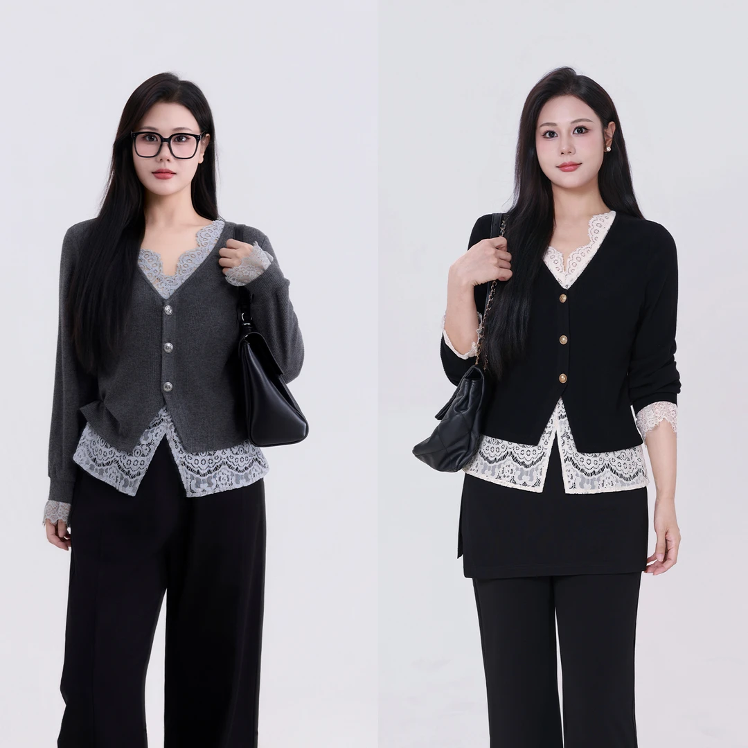 【富家千金】蛋妹大码女装胖mm秋季拼接蕾丝假两件上衣DM32485