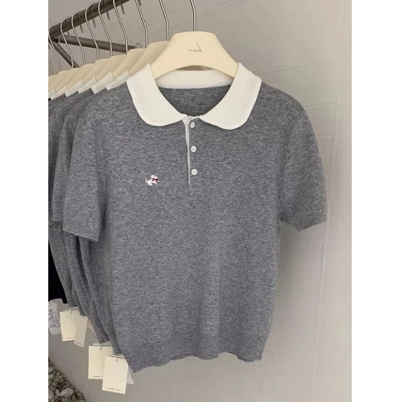 韩系小狗刺绣Polo衫女灰色短袖t恤夏季别致小众宽松小个子针织衫