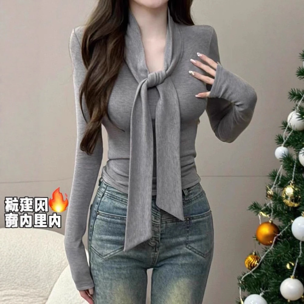2025秋冬设计感绑带长袖恤女新款纯欲德绒内搭修身显瘦打底衫上衣