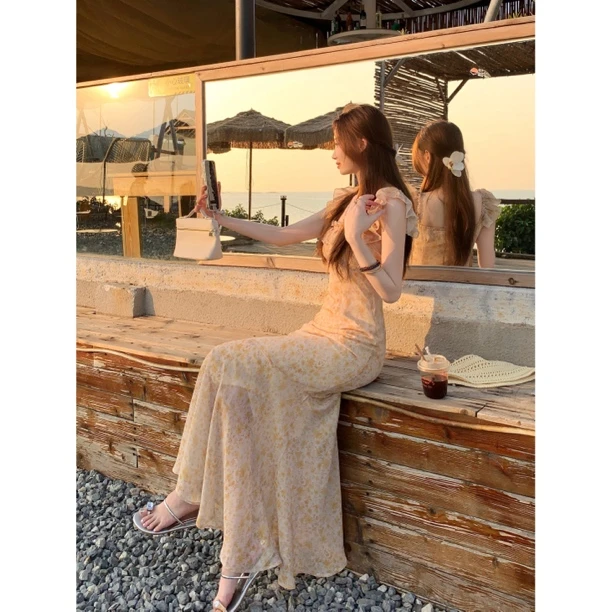 仲夏 油画系列长款法式碎花吊带连衣裙