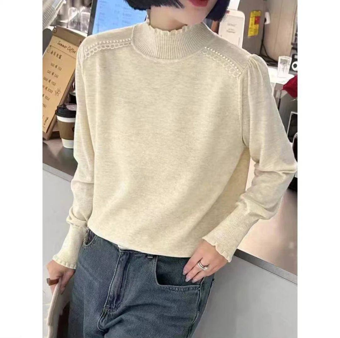 加厚加绒半高领花边针织衫毛衣女装上衣