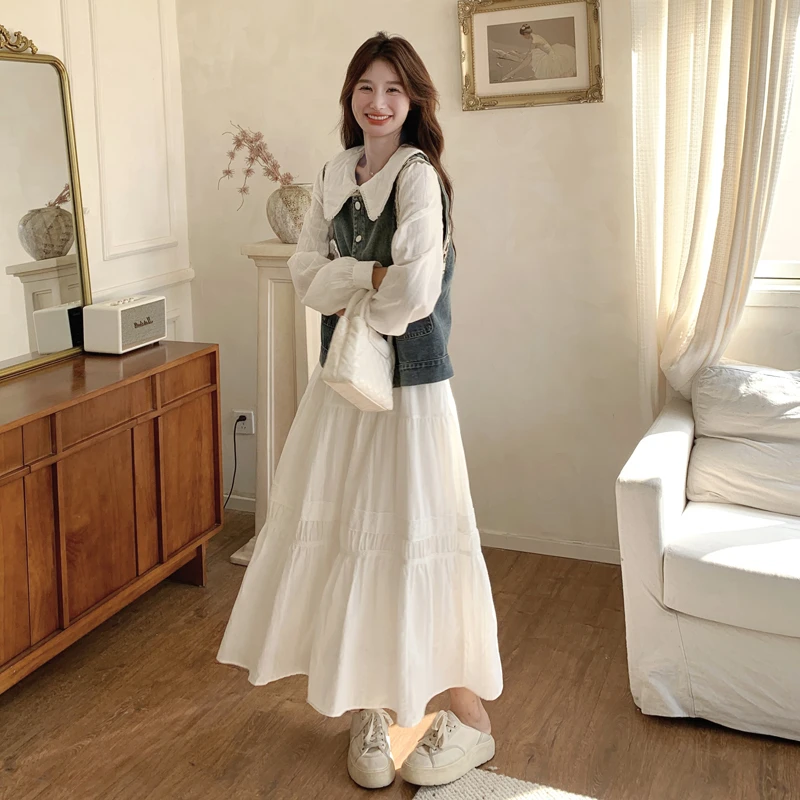 早秋韩系学院风套装裙女2025新款复古牛仔马甲娃娃领连衣裙两件套