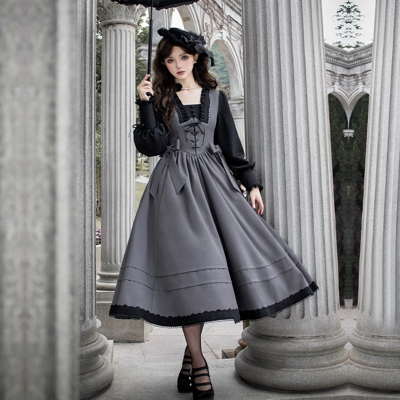 【薄雾纪事 op】withpuji原创设计cla假两件撞色方领长裙春lolita