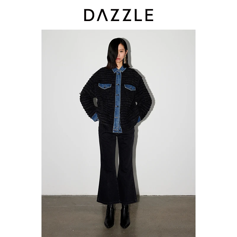 【上新】DAZZLE地素 牛仔裤24春新款女装摩登黑色喇叭长裤2I1R505