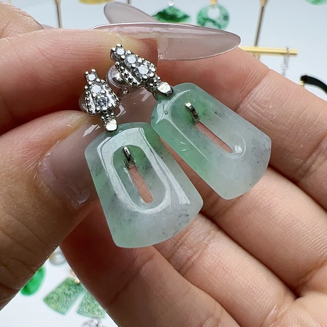 银S925镶嵌翡翠耳饰天然缅甸A货翡翠
