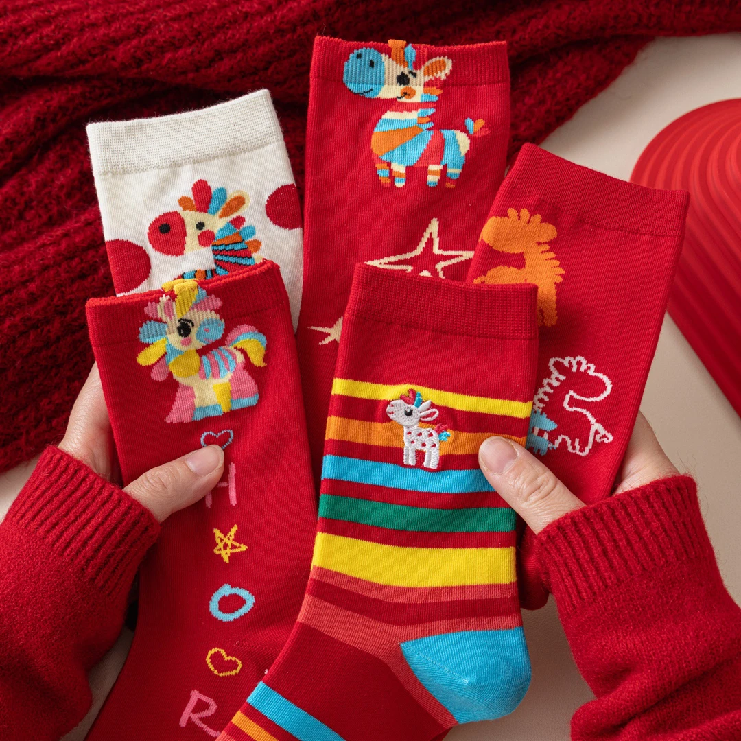 马年本命年袜子女纯棉结婚情侣一对2026属马全棉运动男士红色中筒