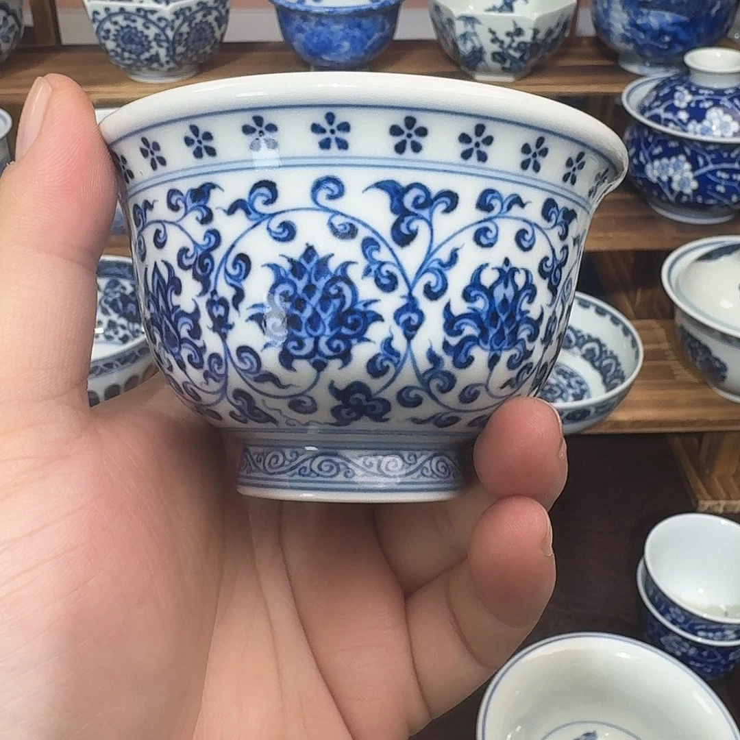 旧***迹杯子陶瓷纯手工手绘柴窑花心+双狮