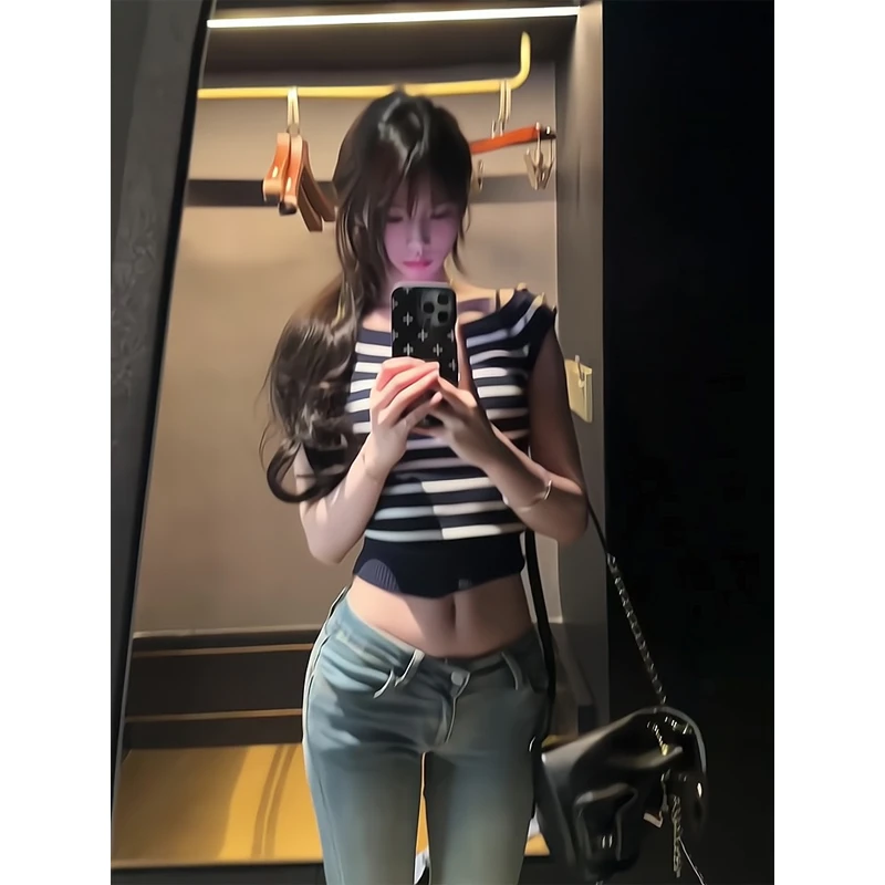 纯欲性感一字领短袖针织衫辣妹条纹上衣高腰牛仔裤提臀休闲微喇裤