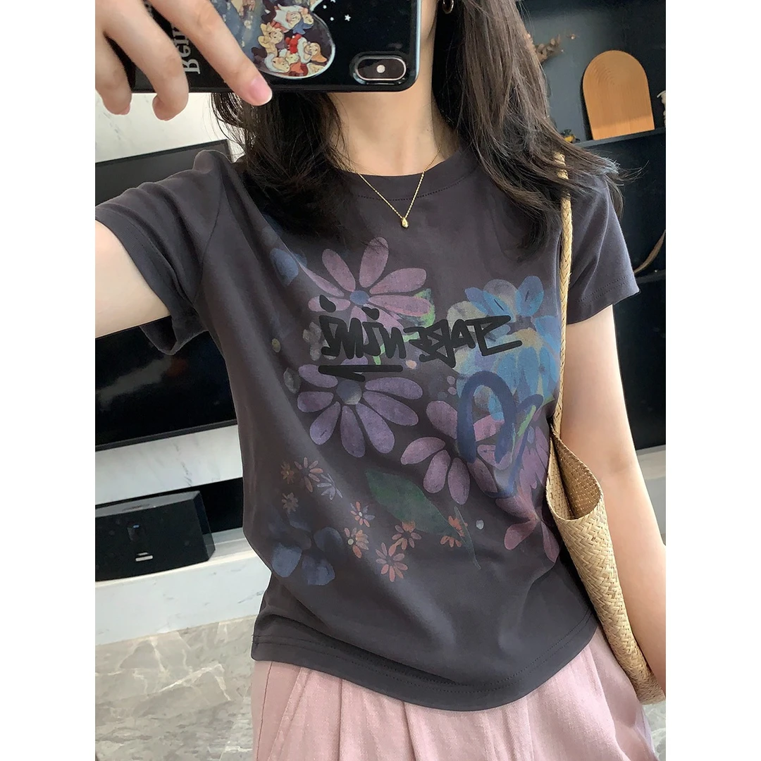 女式短袖圆领深灰色T恤女2025新款夏季显瘦设计感印花洋气上衣
