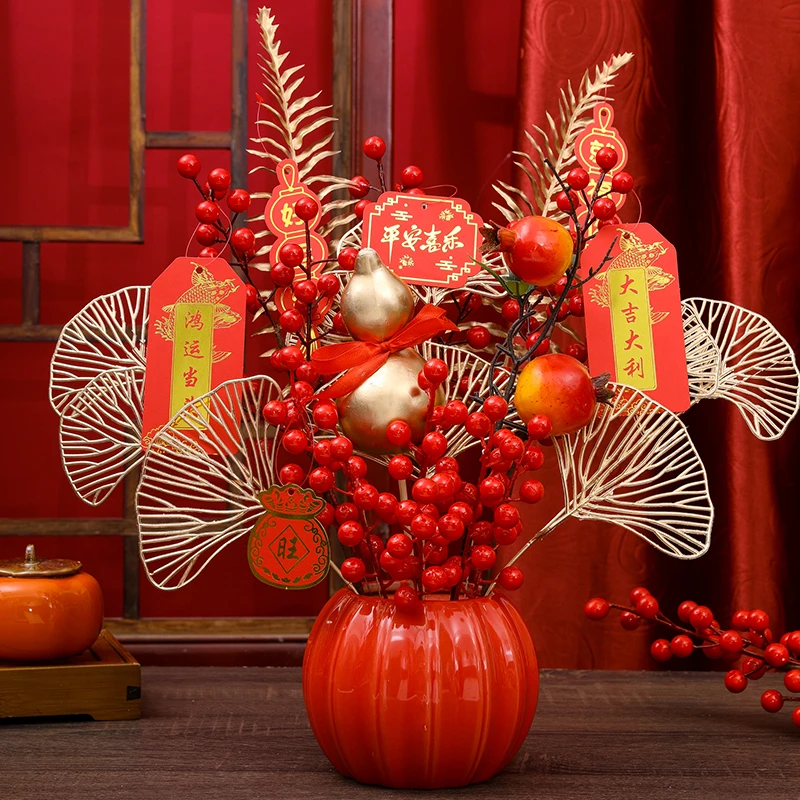 新年摆件年宵花葫芦南瓜陶瓷福桶套装发财果春节装饰乔迁新居婚庆