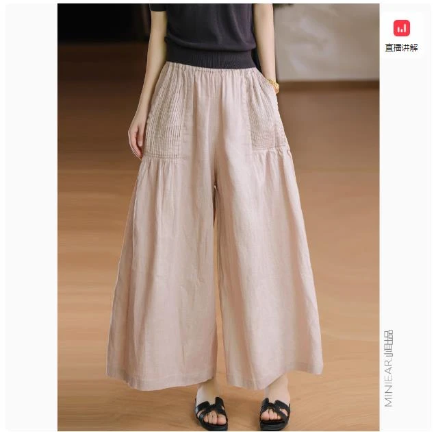 2025新款夏季设计棉麻阔腿裤裙女文艺风日系简约口袋褶皱休闲裙裤