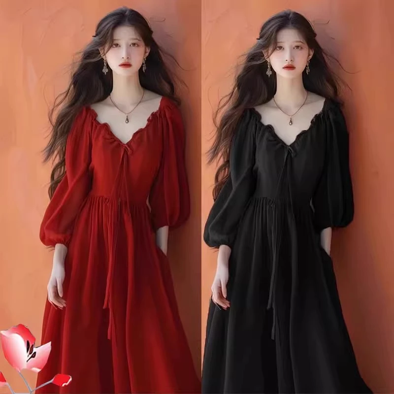法式加大码女装加长V领红色宴会度假连衣裙女春夏新款胖mm长裙子