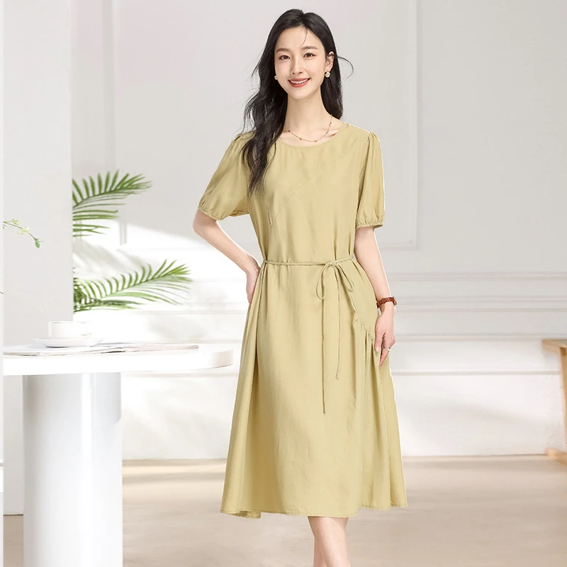 梦燕夏季女款时尚气质收腰显瘦长裙纯色简约法式连衣裙BB02B4004