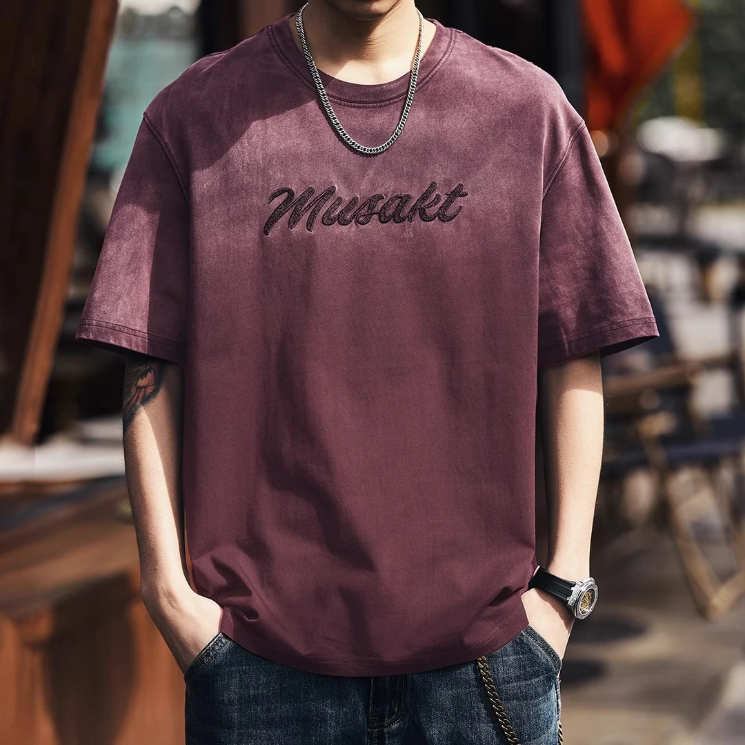 高级感美式重磅水洗纯棉短袖t恤男夏季宽松潮牌高街渐变半袖体恤T