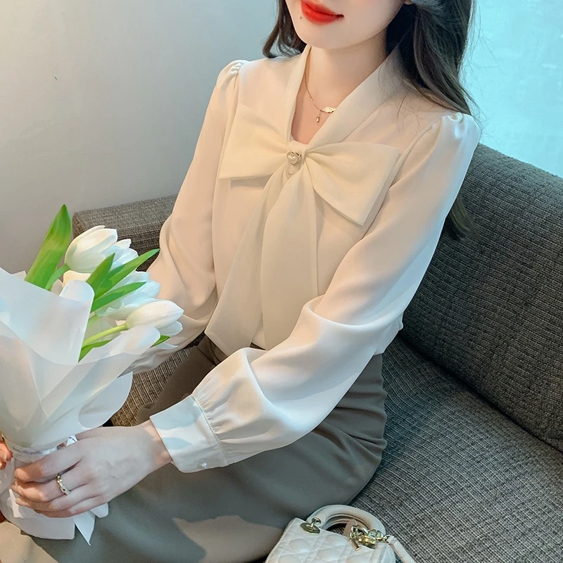 秋季2025新款蝴蝶结长袖甜美衬衫设计感法式气质百搭上衣1805