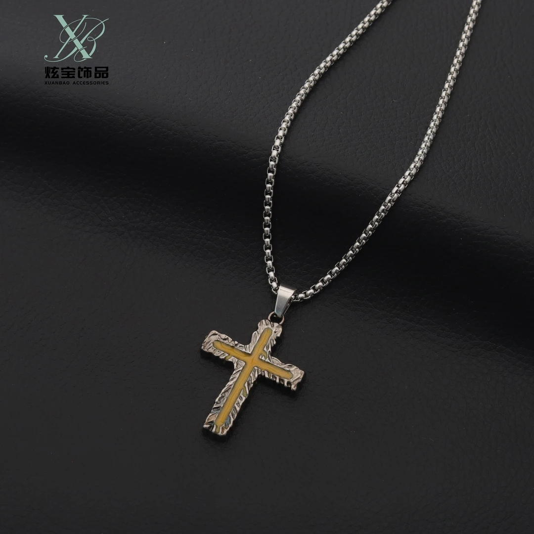 合金吊坠 嘻哈风钛钢双色熔岩十字架项链男女小众设计感ins潮牌