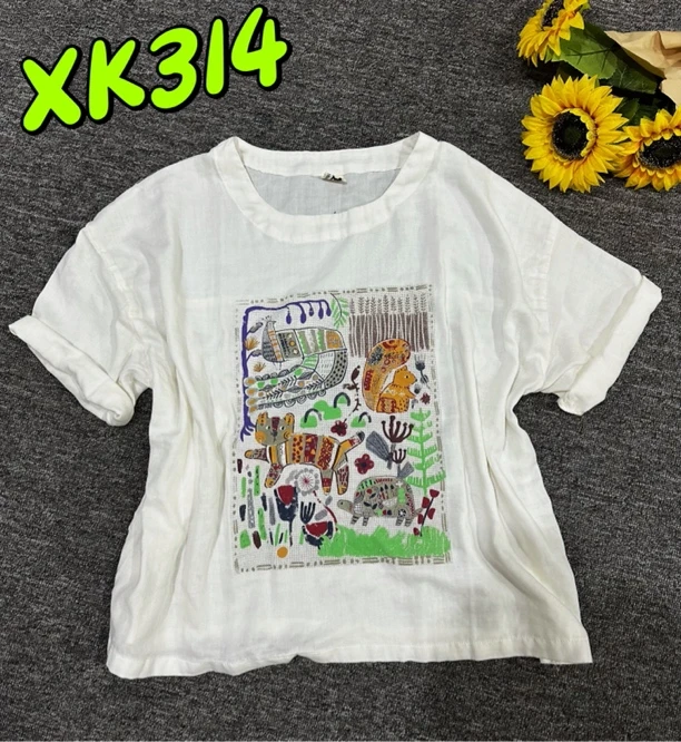 314夏季新品双纱数码印花大版宽松显瘦圆领短袖