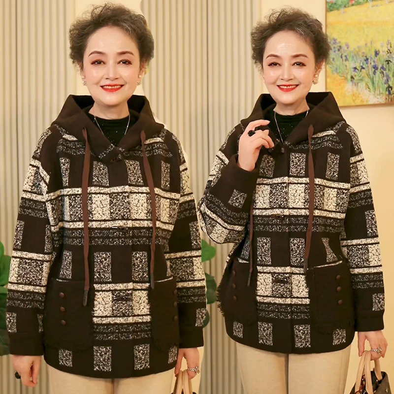 洋气妈妈装秋季新款针织中老年人女毛衣外套时尚奶奶装秋冬翻领