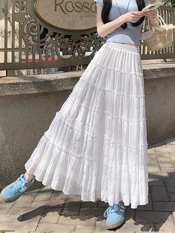 法式慵懒感白色蛋糕裙白色a字裙半身裙女夏季新款百搭薄款中长裙