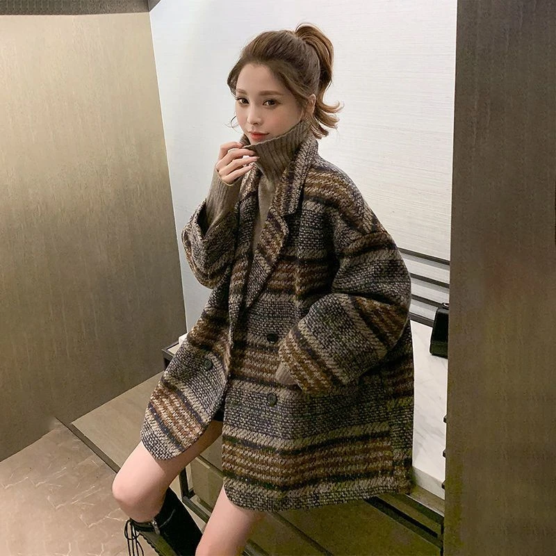 格子中长款加厚女2024秋冬新款小香风高级宽松呢子大衣西装外套女