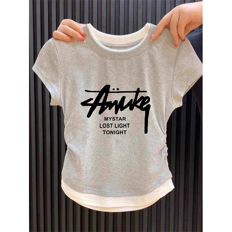 收腰假两件正肩字母短袖t恤女2025新款设计感修身显瘦上衣夏季潮