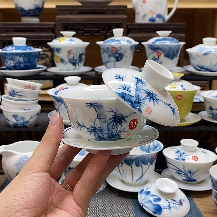 手绘竹子悬停150盖碗釉下彩高温瓷微瑕福利款