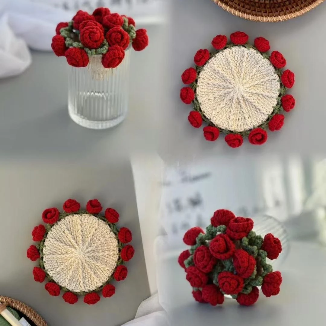 手工编织迷你玫瑰花花束毯子diy材料包钩针编织杯垫子创意送礼物