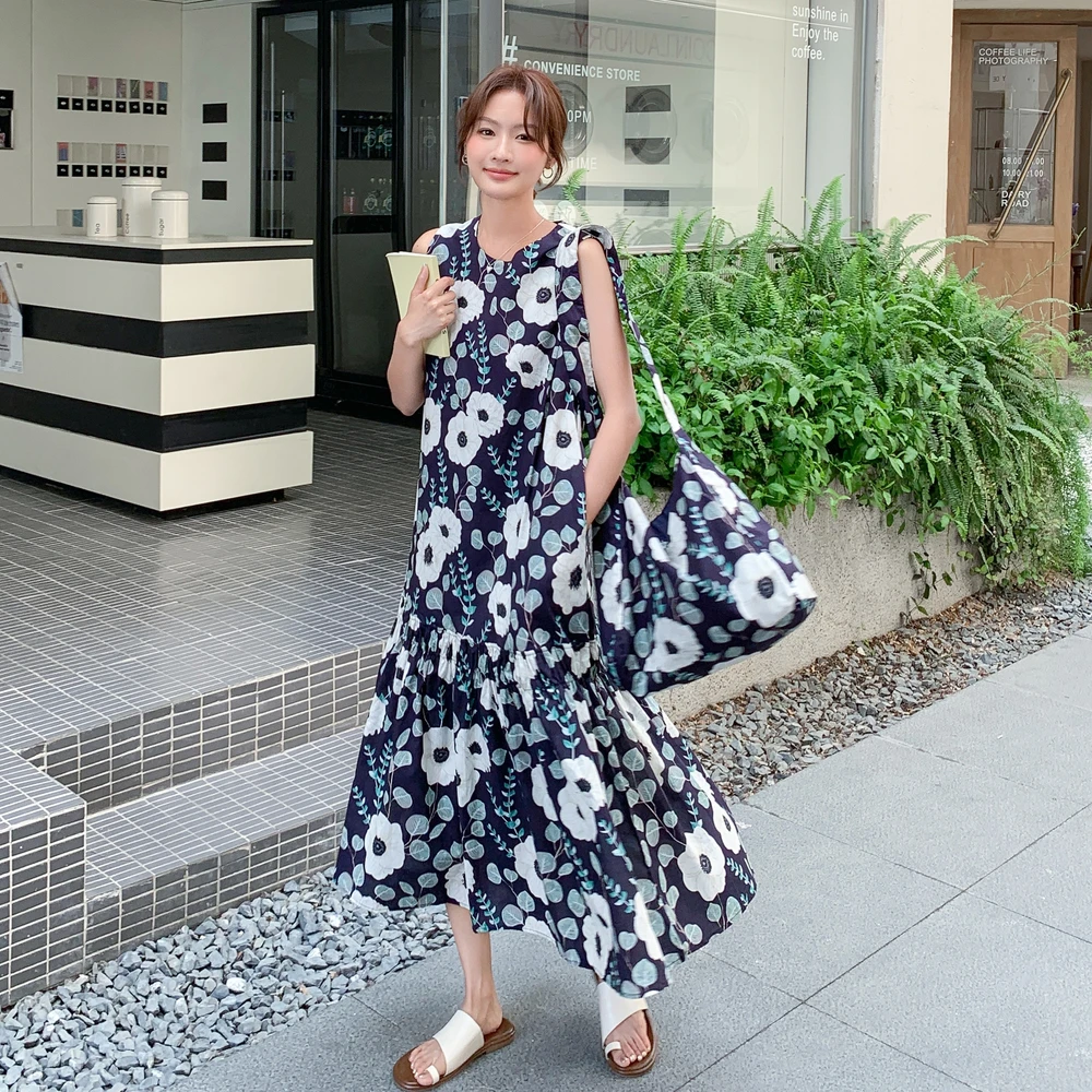 法式慵懒风气质印花连衣裙女士2025夏季新款高级不撞款无袖A字裙