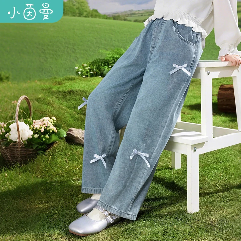 小茵曼女童牛仔裤蝴蝶结2025春中大童宽松休闲阔腿裤GF3851220