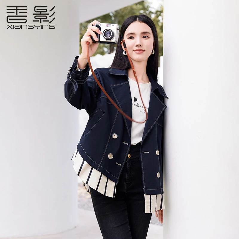 【丽公主】3234风衣 香影小个子风衣短款藏青双排扣气质