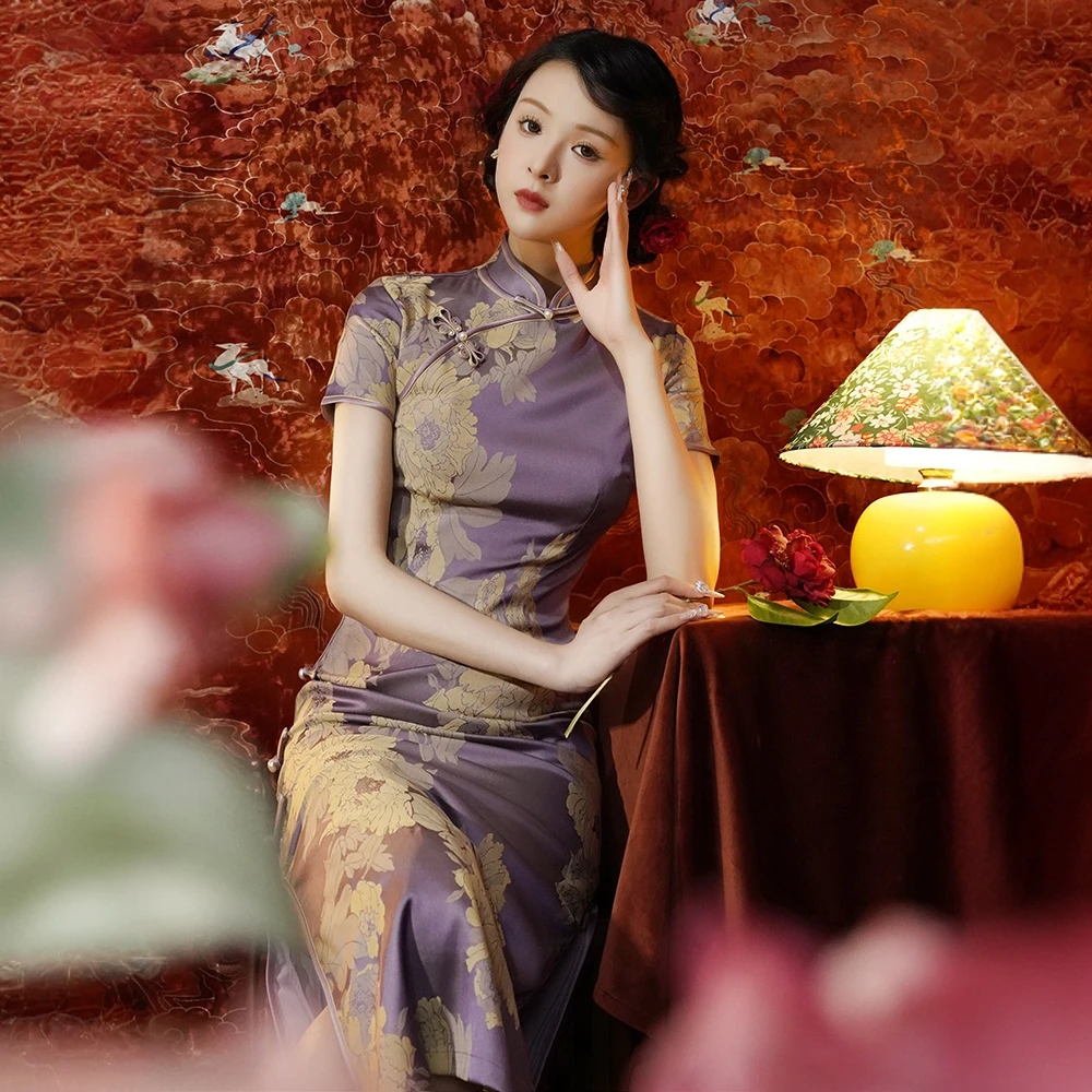 紫色旗袍2025新款女高端大气上档次日常可穿长款民国大小姐连衣裙
