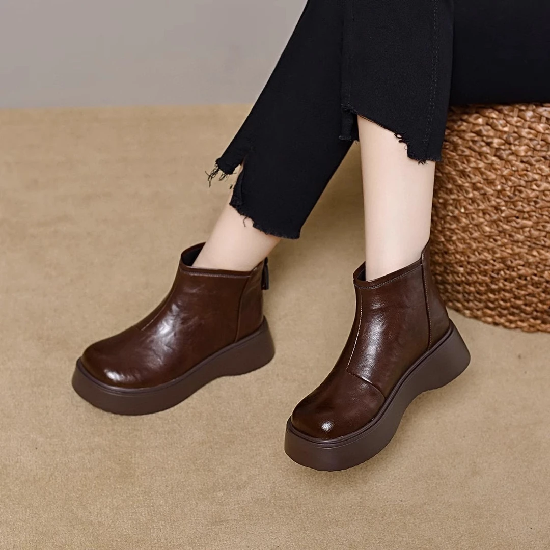 女款女鞋短靴女2025新款秋冬加绒马丁英伦风小个子增高松糕鞋真皮
