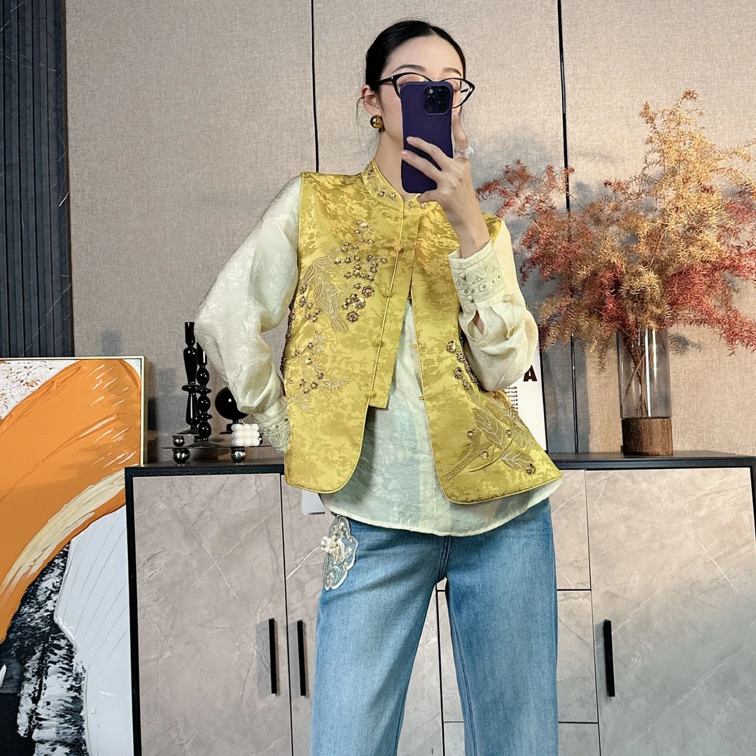 春夏新款串珠刺绣金色百搭新中式马甲