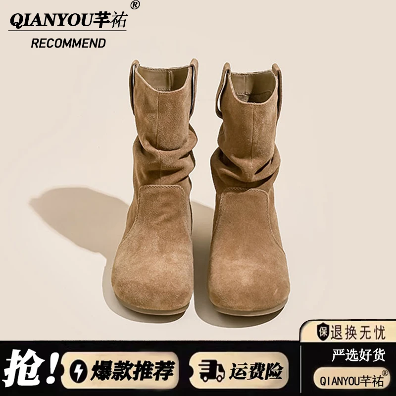 内增高5CM！堆堆靴2025新款秋冬慵懒风复古小短靴美拉德西部牛仔靴