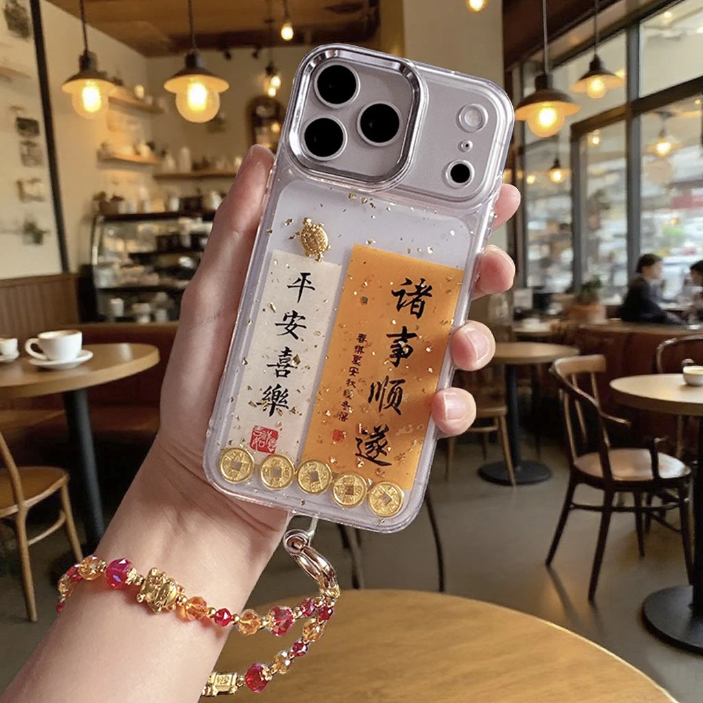 适用苹果17promax手机壳新年款17pro金箔透明17带挂绳过年女新款