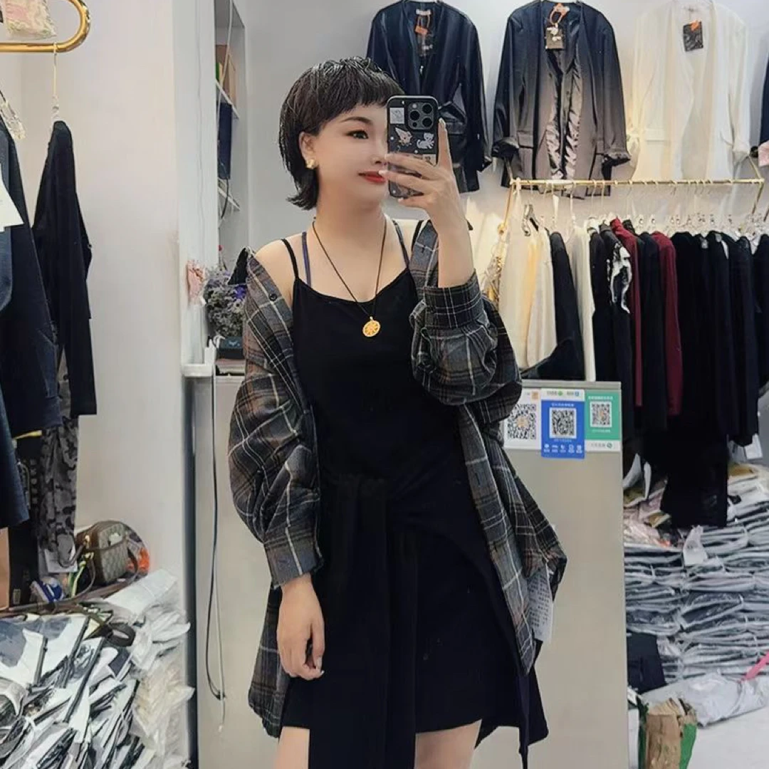2046格子衬衫连衣裙套装2025秋季新款百搭款衬衫+绑带设计连衣裙