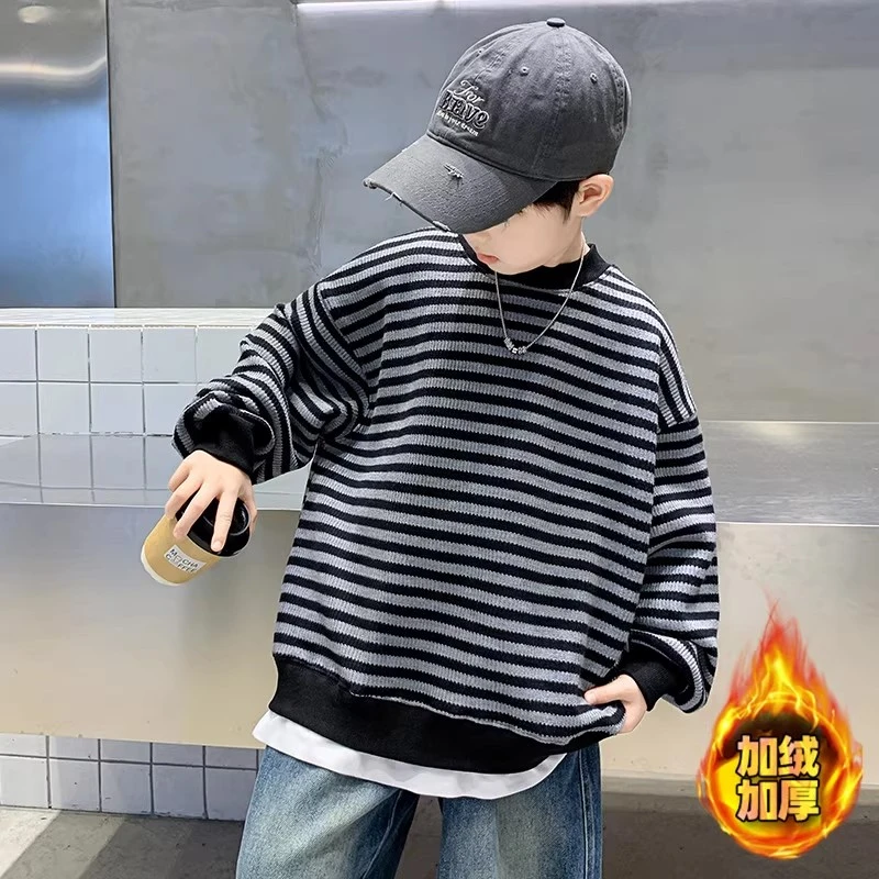 儿童装男童加绒卫衣秋冬款2025新款中大童男孩加厚一体冬季上衣潮