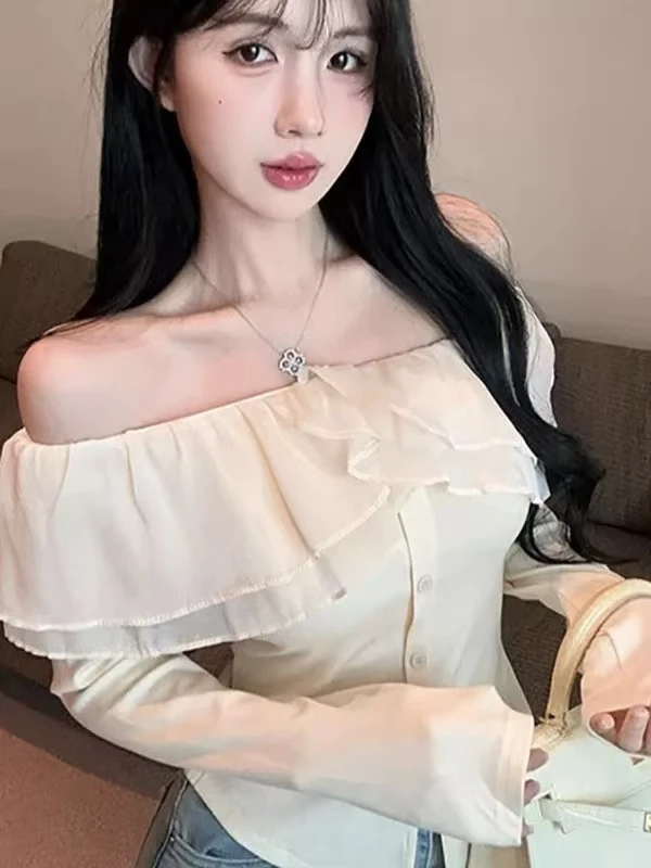 2902秋款韩版时尚大码设计感荷叶边一字肩上衣女修身显瘦打底衫