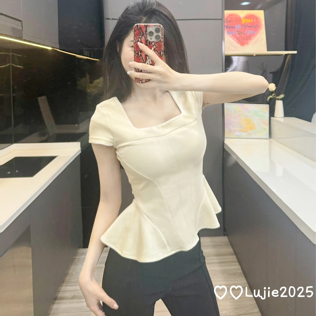 路姐女裤~2025夏季新款大U领褶皱不规则下摆收腰显瘦上衣女空气棉