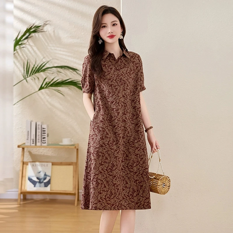 夏季休闲连衣裙大码妈妈装高端精致气质碎花裙子简单大方连衣裙女