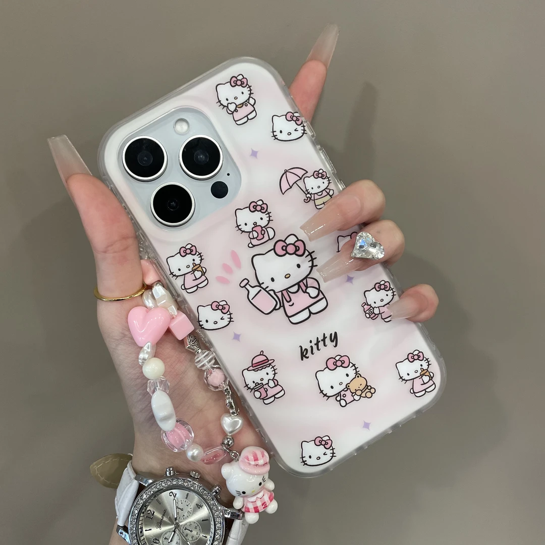 卡通粉色满屏可爱kitty猫适用苹果16手机壳15promax挂链14女13pro