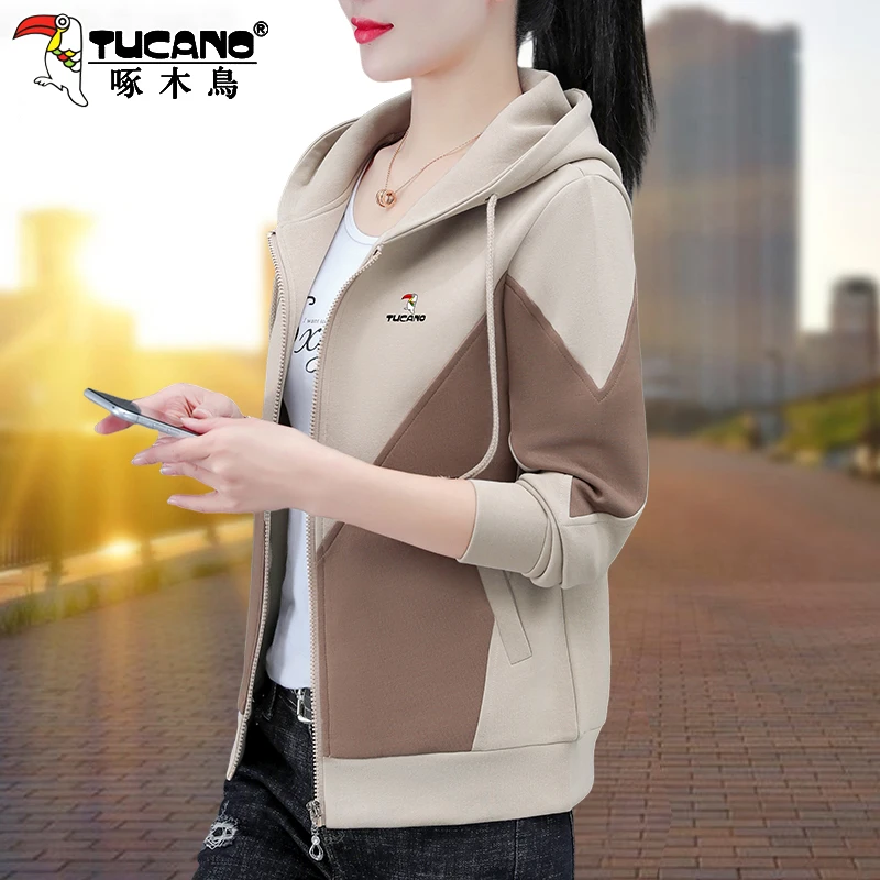 啄木鸟连帽卫衣开衫外套女2026新款春秋中年妈妈女装休闲运动上衣