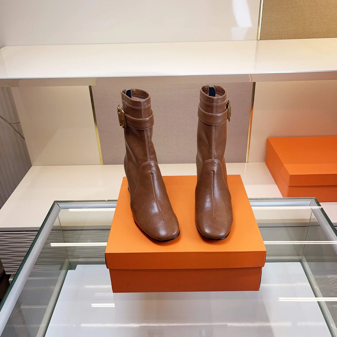 范戈希跟6cm牛皮复古港风粗跟后拉链气质筒靴方头百搭短靴买1赠3