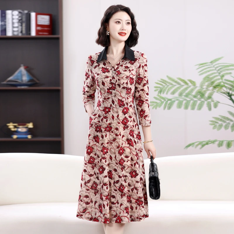 春夏新款裙子洋气中老年妈妈宽松减龄中长款七分袖连衣裙中长裙