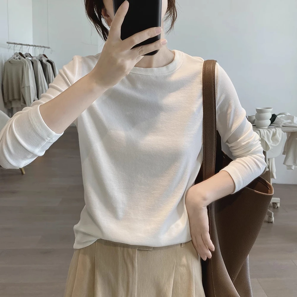 圆领长袖t恤女早秋新款韩版显瘦简约减龄基础款棉质打底衫上衣潮