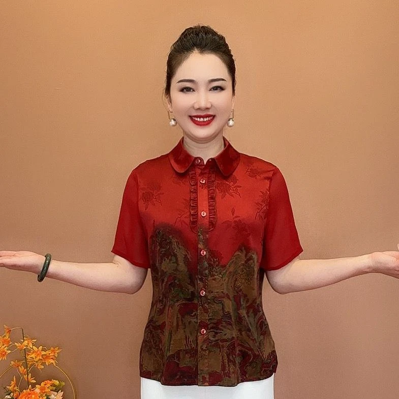 中式夏季新款遮肉中老年2025洋气大码妈妈开衫国风衬衫上衣