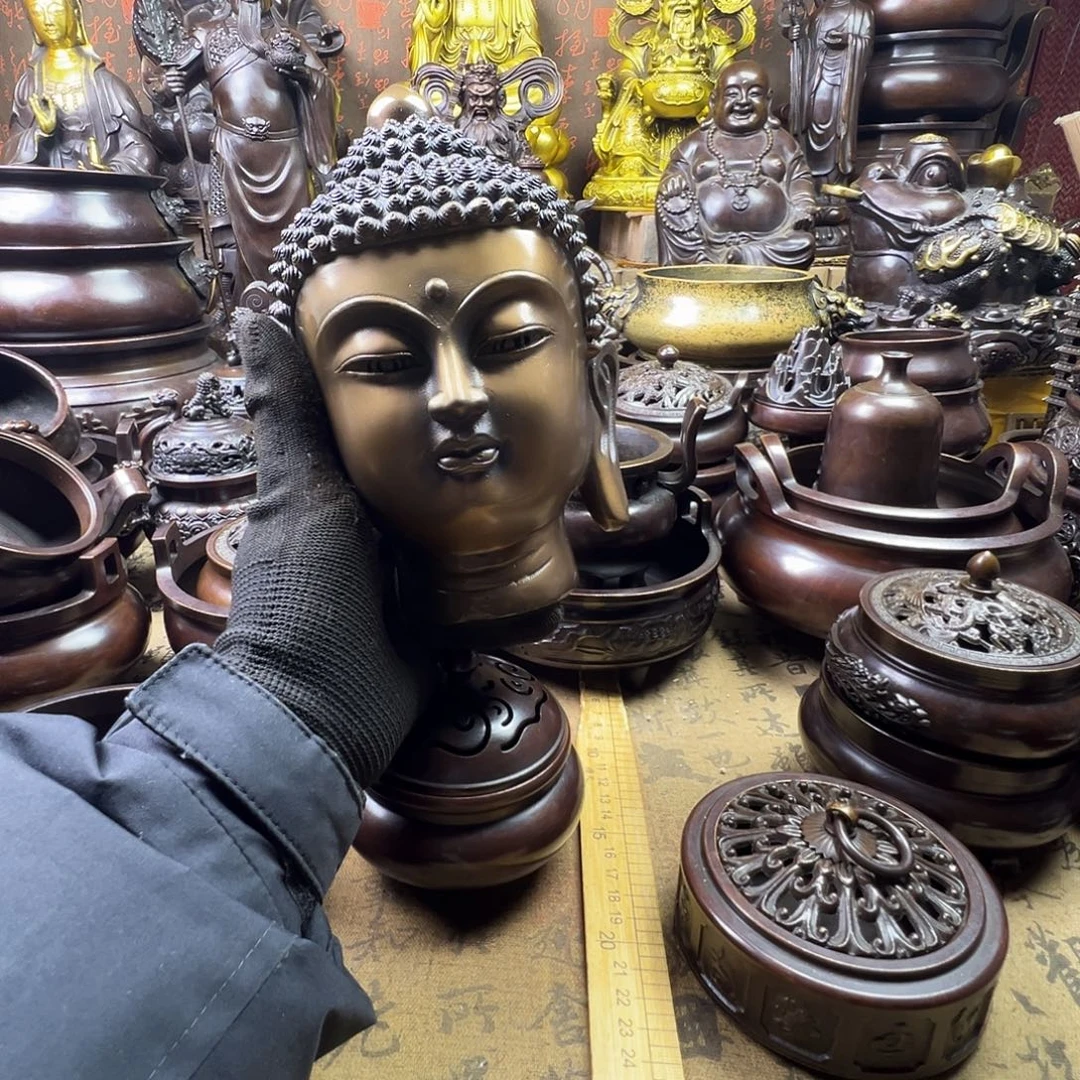 景***琰佛头香炉铜香炉家用供香炉聚宝盆铜工艺品摆件